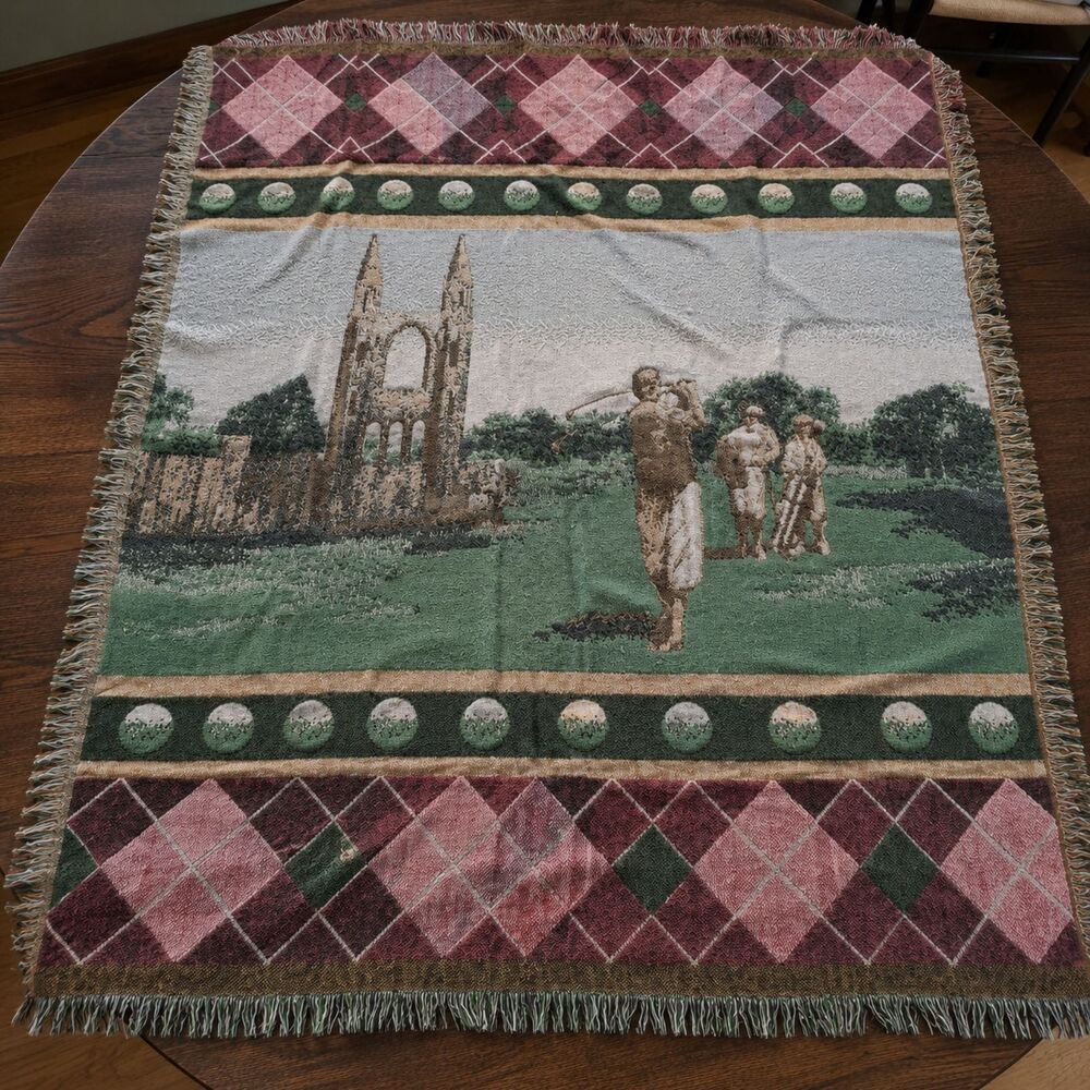Golf Woven Tapestry Throw Blanket Golfer Argyle Fringe St Andrews